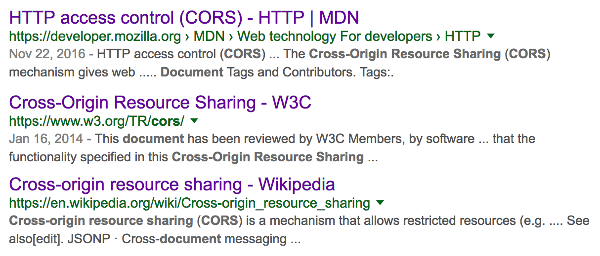 Google Results for searching for CORS documentation